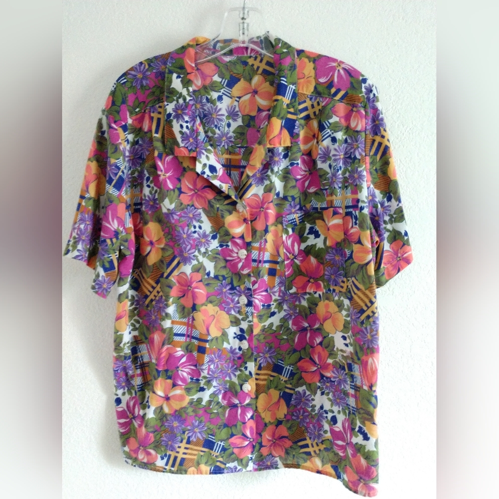 Vintage Women's Floral Camp Shirt Short Sleeve Button Front Orange Pink Large